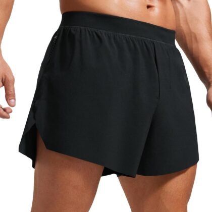 CRZ YOGA Mens Side Split Running Shorts 4'' - Quick Dry for Athletic Gym Workout with Zip Pocket and Brief Liner