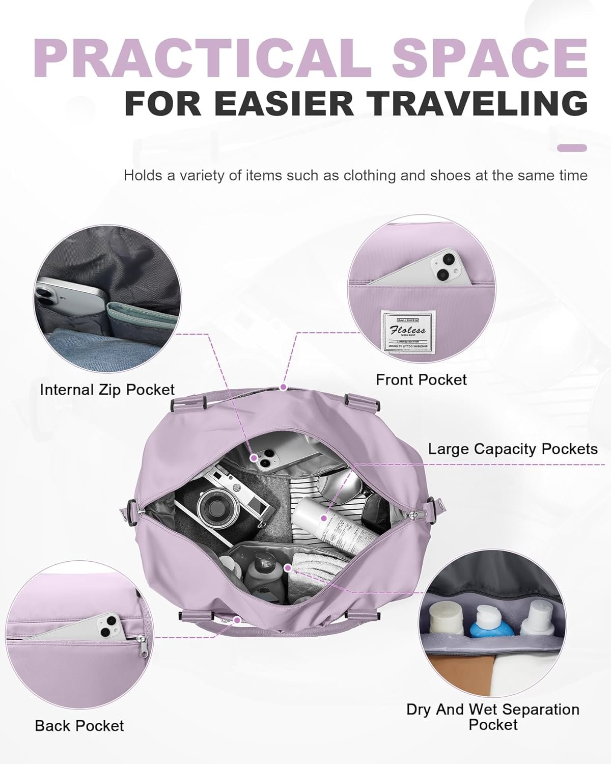 Travel Duffel Bag, 18x14x8 Inches Travel Bag Spirit with Shoes Compartment, Weekender Overnight Bag for Women with Trolley Sleeve, Carry On Bag for Airplanes Sport Tote Gym Bag Purple - Image 3