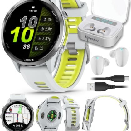 Garmin Forerunner 955, GPS Running Smartwatch, Tailored to Triathletes, Long-Lasting Battery, Whitestone with Wearable4U White Earbuds Bundle