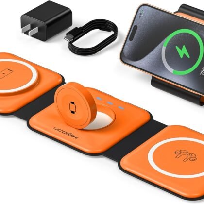 UCOMX 3 in 1 Charging Station for Multple Devices,Foldable 3 in 1 Wireless Charger for Travel,Nano Wireless Charging Station for iPhone16 15 14 13 12 Pro Max/Watch 10 9 8 7 6 5 4 3 Ultra/AirPod Pro