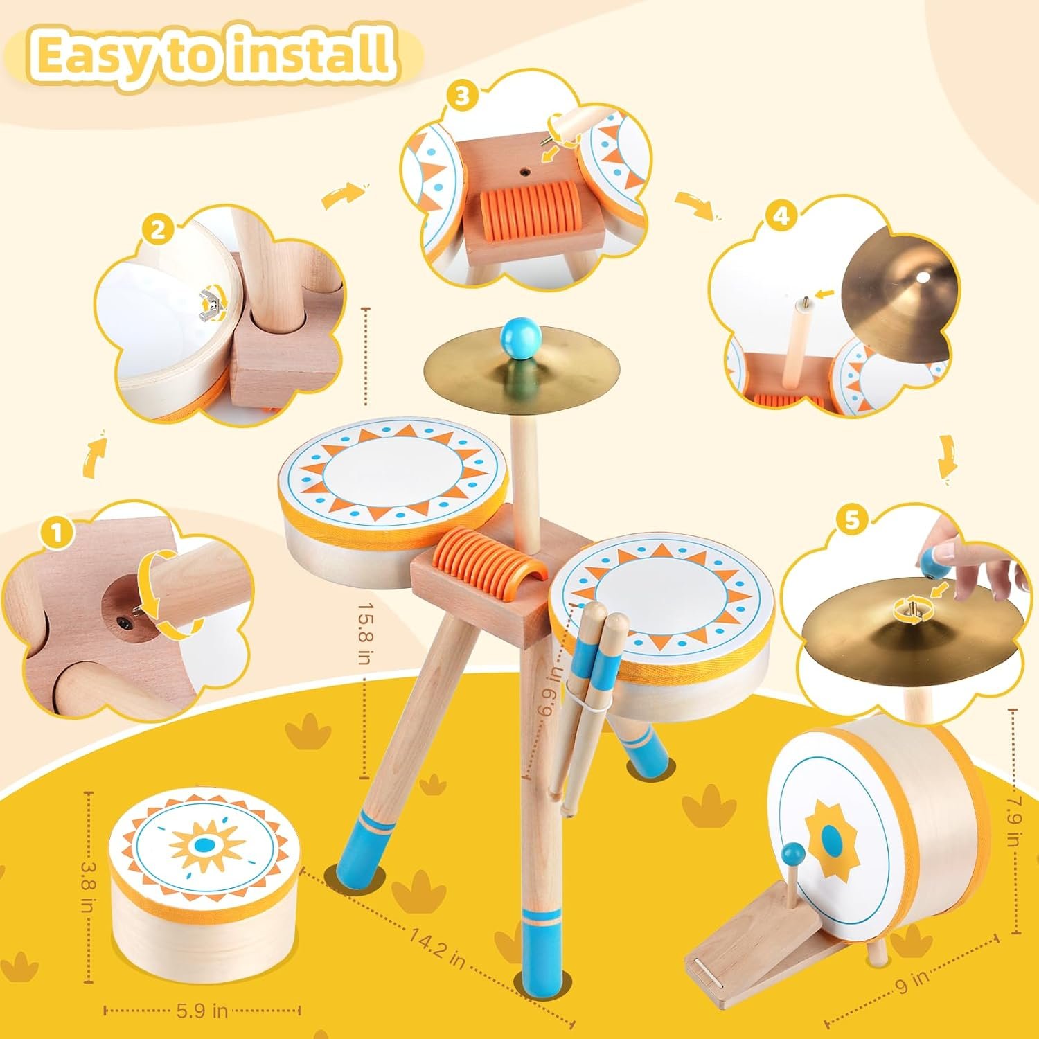 Toddlers Drum Set Toy for 1 2 3 Years Old ,Kids Wooden Jazz Drum for Toddlers Montessori Musical Instruments for Boy Girl, Percussion Set Baby Musical Toys, Birthday Gift for 1 2 3+ Kids Baby - Image 4