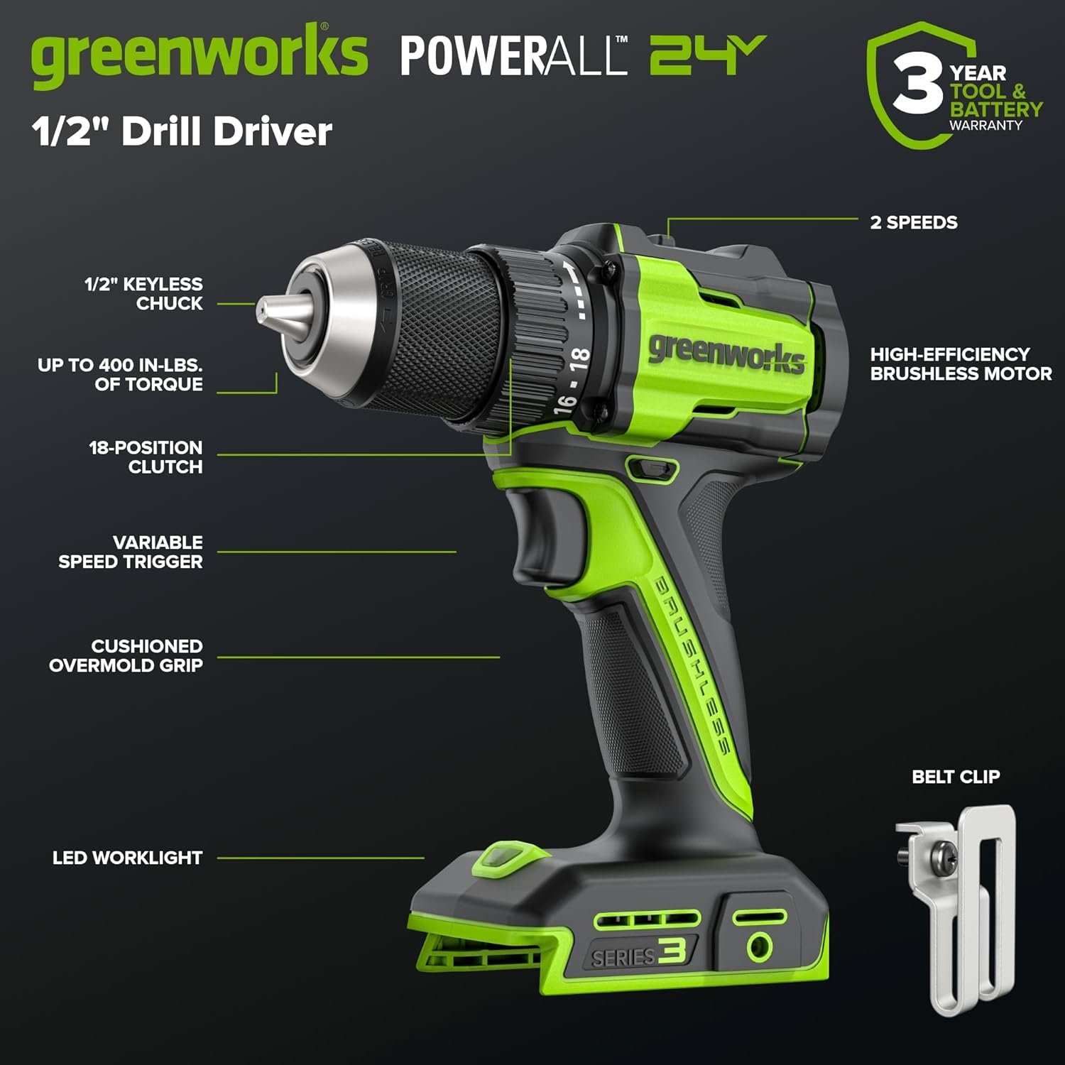 GREENWORKS 24V (4-TOOL) Combo (1/2” Drill + 1/4” Impact Driver + 6.5” Circular Saw + 200Lm Flashlight), 4.0Ah + 2.0Ah Batteries (24,000mAh Power Bank), (2) Braided Cables, 65W Rapid Charger - Image 7