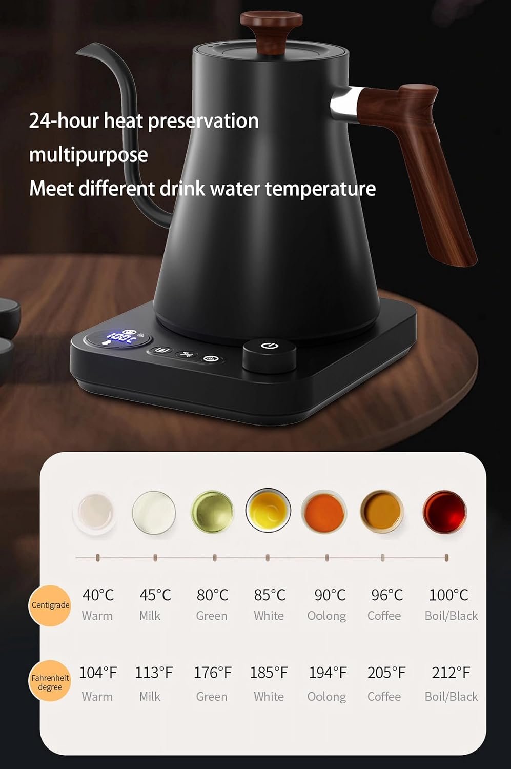 Electric Kettles, Gooseneck Electric Kettle, ±1℉ Temperature Control, Stainless Steel Inner, Quick Heating, for Pour Over Coffee, Brew Tea, Boil Hot Water, 0.9L (Black) - Image 3