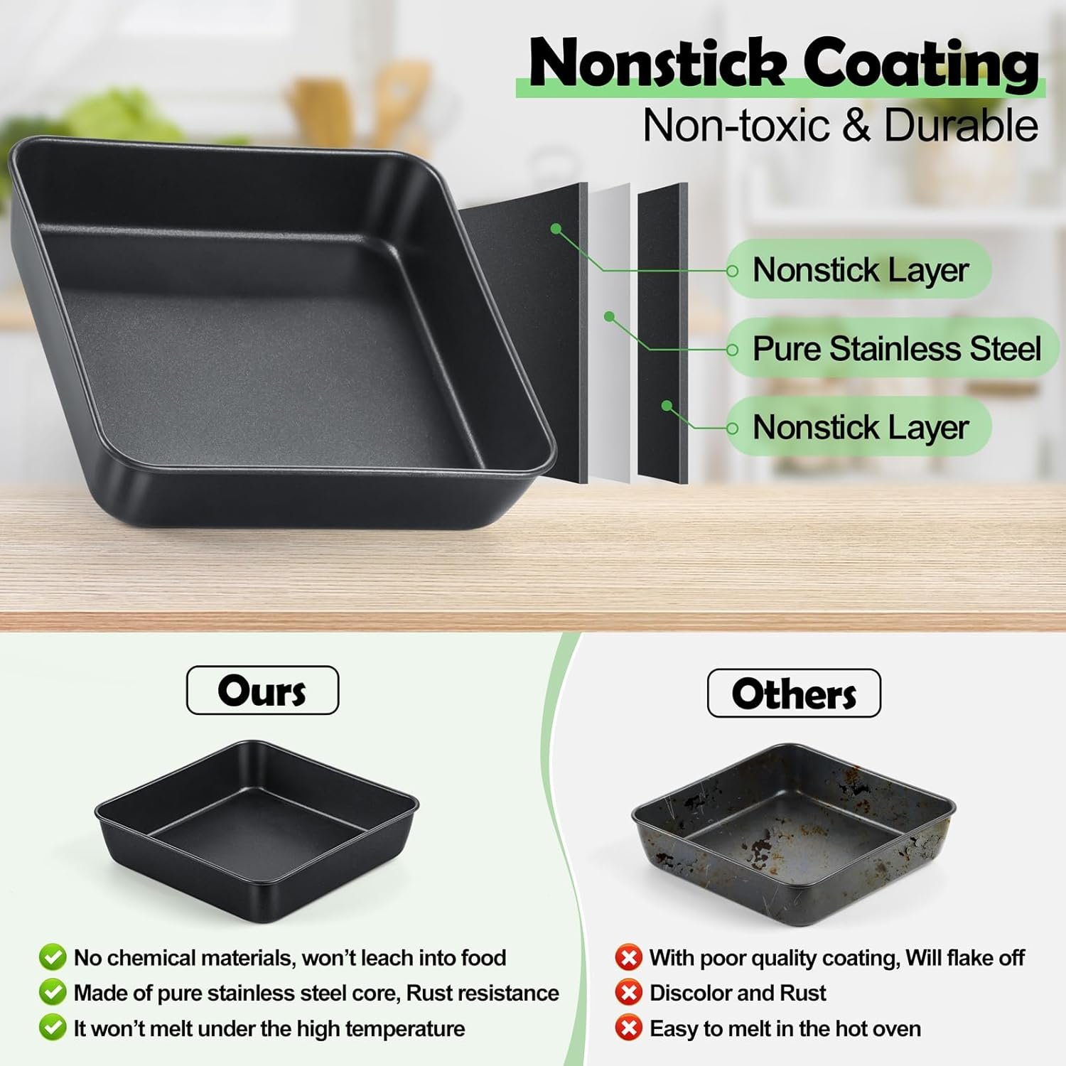 TeamFar Non-Stick Square Cake Pan, 9 Inch Square Baking Roasting Pan for Oven, with Stainless Steel Core for Cooking Cake Brownie Lasagna, Non-Toxic & Heavy-Duty, Release & Clean Easily - Image 4