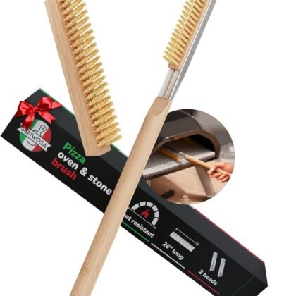26” Pizza Oven Brush with Stone Scraper - Heat Resistant Stainless Steel Bristles, Extra Long Handle - Compatible with Ooni Ovens - Includes Spare Head