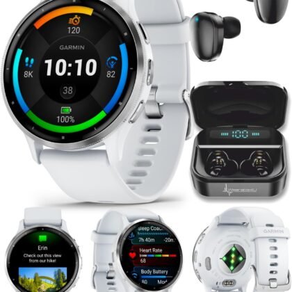 Wearable4U - Garmin Venu 3 GPS Smartwatch AMOLED Display 45 mm Watch, Advanced Health and Fitness Features, Up to 14 Days of Battery, Whitestone with Black Earbuds Bundle