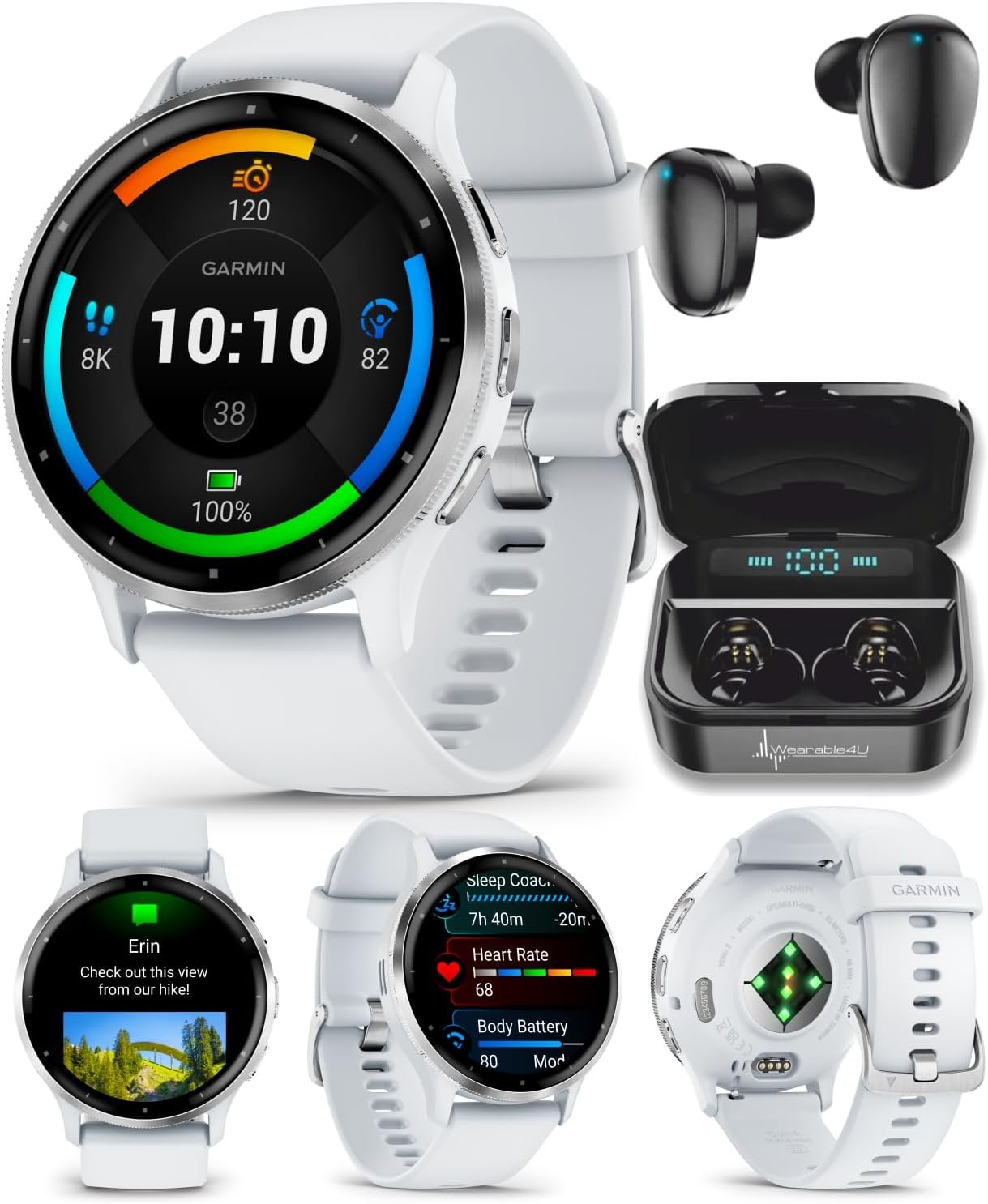 Wearable4U - Garmin Venu 3 GPS Smartwatch AMOLED Display 45 mm Watch, Advanced Health and Fitness Features, Up to 14 Days of Battery, Whitestone with Black Earbuds Bundle