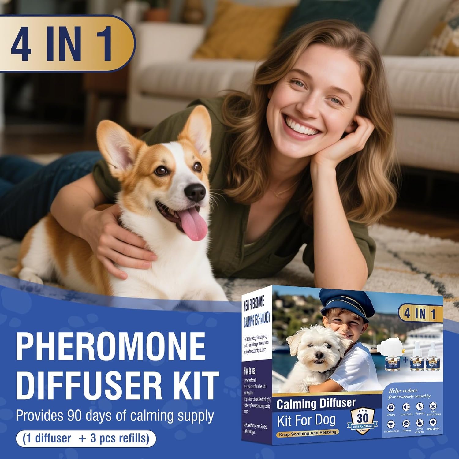 Dog Pheromone Calming Diffuser 4 In 1 Appeasing Pet Pheromones Diffuser to Calm Kit (Plug in+ 3 Pack 48ml Refill) for Anxiety Relief Reduce Barking Aggression Fighting Stress 90 Day Supply(Tasteless) - Image 8