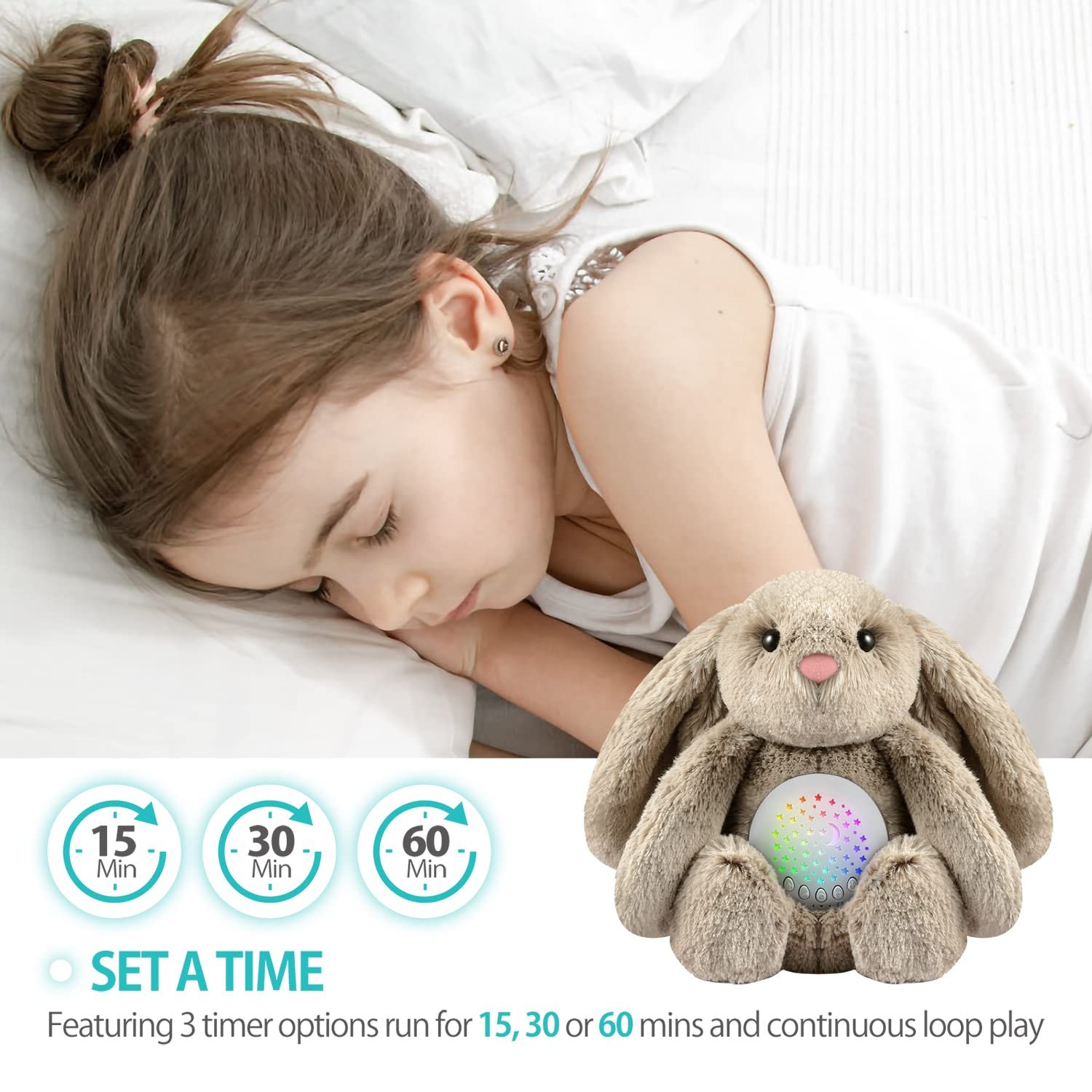 BEREST Baby Sleep Soother Bedtime Bunny with Starry Projector Night Light, Plush Stuffed Animal for Newborn Infants, Lullaby Music, White Noise, Mother's Heartbeat for Boys & Girls Shower Gifts - Image 4
