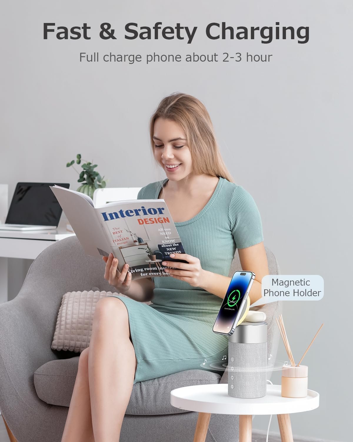 COLSUR Bluetooth Speaker, Magnetic Wireless Charger, Bluetooth Speakers with Night Light, 2 in 1 Wireless Charging Station for iPhone 17/16/15/14/13/12 Series, AirPods Pro 2/4/3/2(Gift Ideal)(Gray) - Image 2