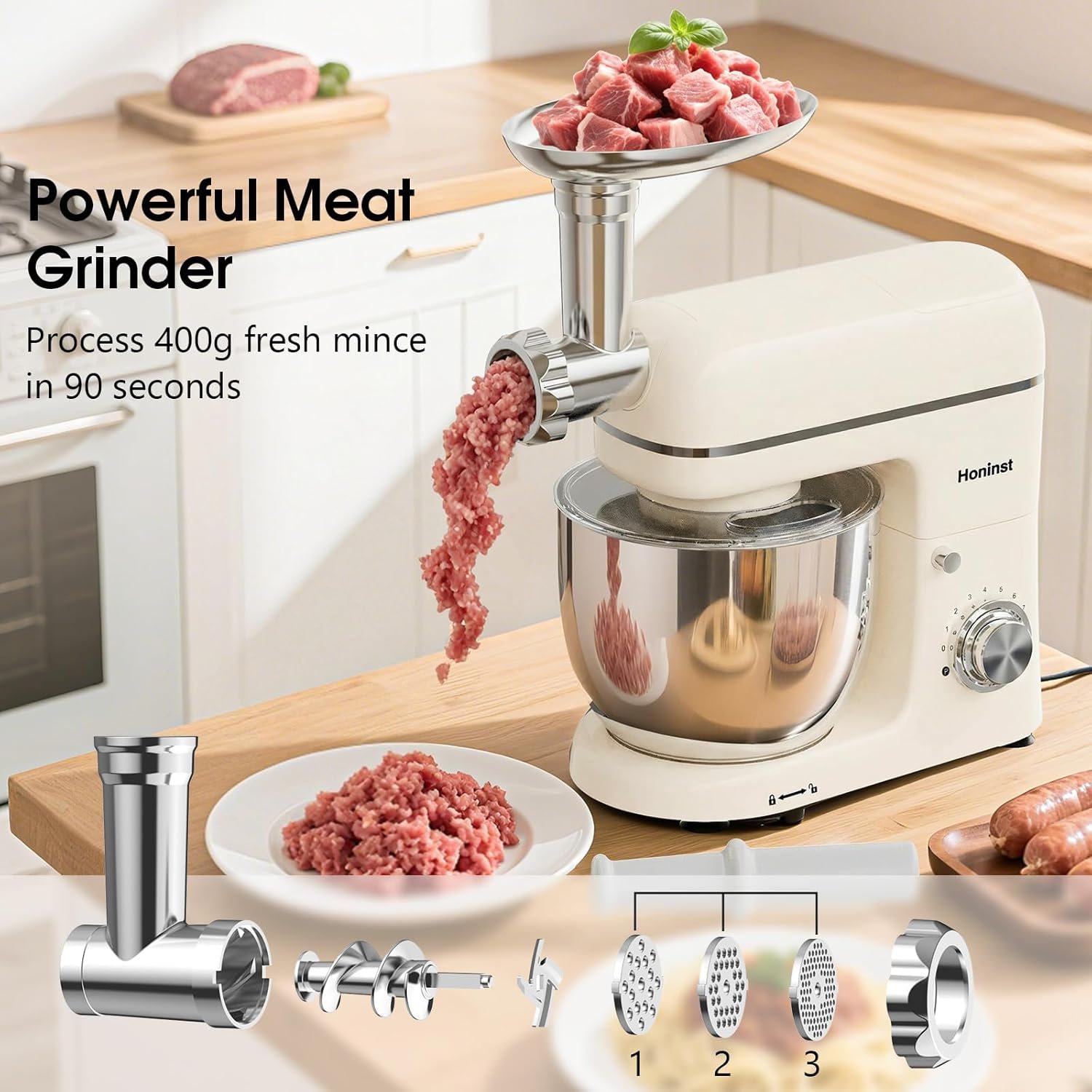 Stand Mixer, 7-IN-1 6.5QT 660W Multifunctional Electric Kitchen Mixers with Blender, Meat Grinder, Dough Hook, Whisk and Beater, 8-Speed Food Mixer for Baking, Cooking, Food Processing, Beige - Image 5