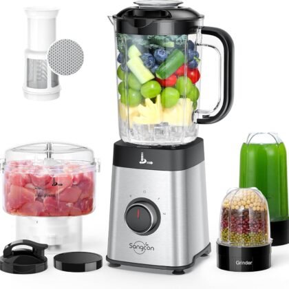 Sangcon Blenders and Food Processor Combo for Kitchen, 5 in 1 Blender for Shakes and Smoothies, Meat Chopped, Grinding & more, 40 oz Jar & 17oz Cup with To-Go Lid, Stainless Steel Silver