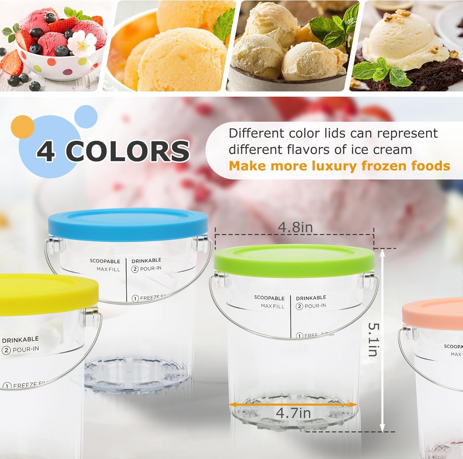 Soobool For Ninja Creami Deluxe Pints- 4 Pack, NC500 NC501 Ice Cream Pint fit for Ninja Delux Ice Cream Maker, For Ninja Creami Deluxe Containers Hold 24 Ounces of Food, Dishwasher Safe - Image 6