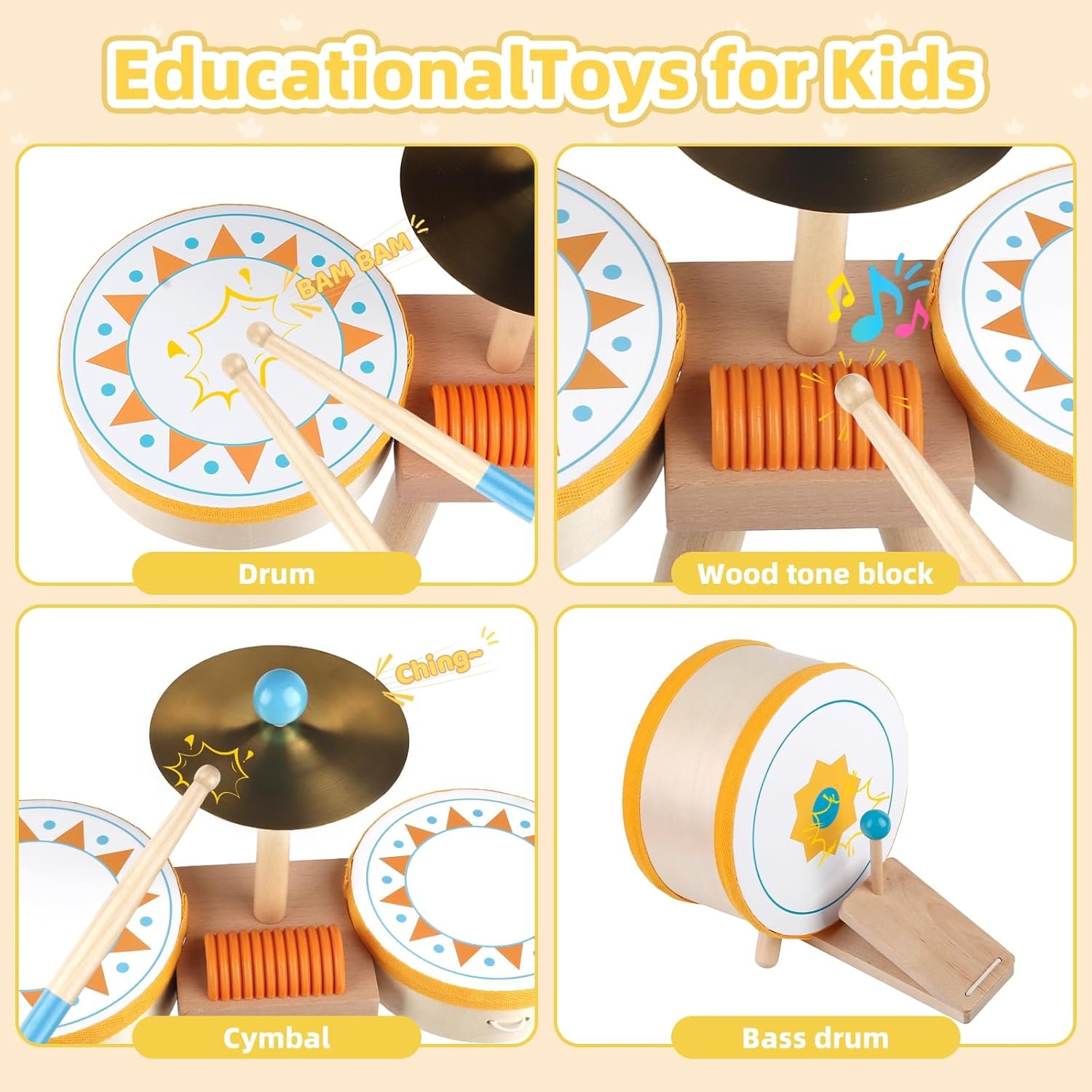 Toddlers Drum Set Toy for 1 2 3 Years Old ,Kids Wooden Jazz Drum for Toddlers Montessori Musical Instruments for Boy Girl, Percussion Set Baby Musical Toys, Birthday Gift for 1 2 3+ Kids Baby - Image 5