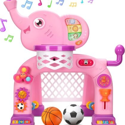 Toddler Basketball Hoop & Soccer Goal Sports Toys for 1 2 3 Years Old Girls Boys, Montessori Toys, Interactive Musical Toy with Lights, Christmas Birthday Gifts for Baby Kids Age 12-18 Months(Pink）