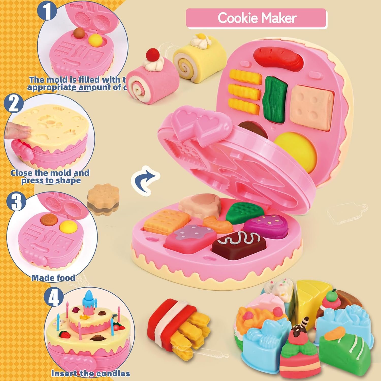 104 PCS 4 in 1 Color Dough Sets for Kids Ages 3-4-8, Dough Tools Accessories Kit, Ice Cream Playset Noodle Cookie Cake Maker, Pretend Play Kitchen Creations Food Toys Arts Crafts for Toddler Girl Boy - Image 4