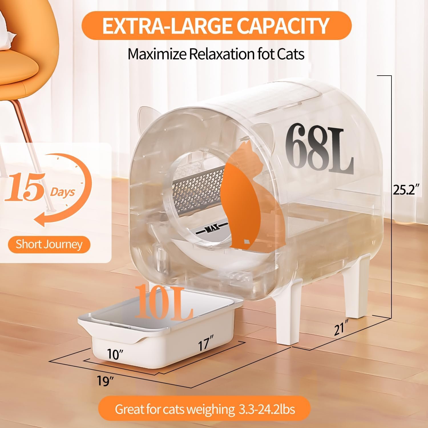 Self Cleaning Litter Box, 68 L Automatic Cat Litter Box for Multiple Cats, Robot with Dual Safety Protection, APP Control, Odor Removal Smart Litter Boxes, 2 Roll Trash Bags - Image 2