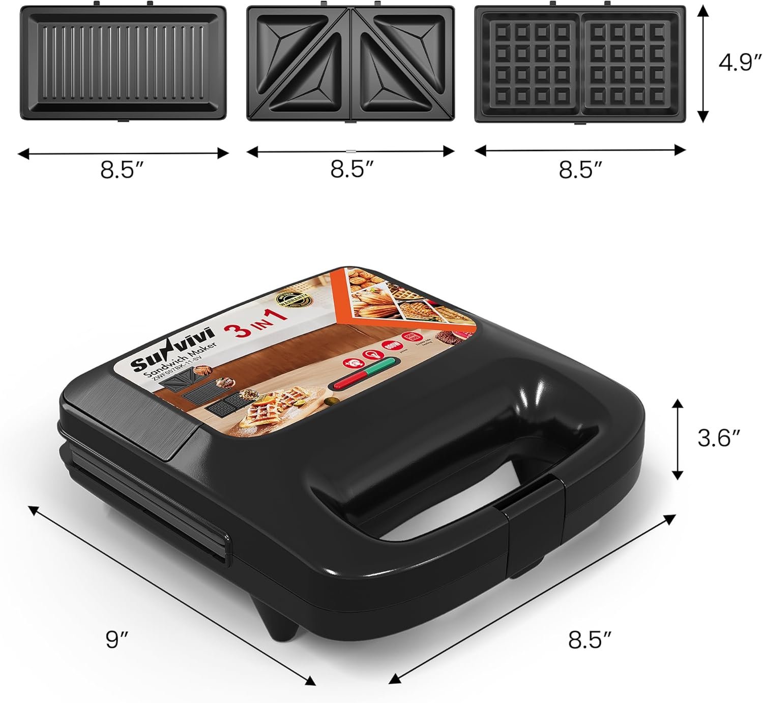 Sunvivi 3 in 1 Electric Sandwich Maker: Panini Press Grill and Waffle Iron Set, Grill and Sandwich Press with Removable Nonstick Plates, Indicator Lights & Cool Touch Handle, 800W, Black - Image 5