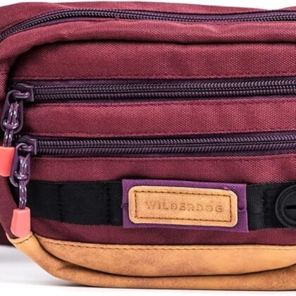 Wilderdog Utility Fanny Pack stores Treats, Balls, Keys in 3 Pockets with adjustable strap and Poop Bag dispenser (Huckleberry)