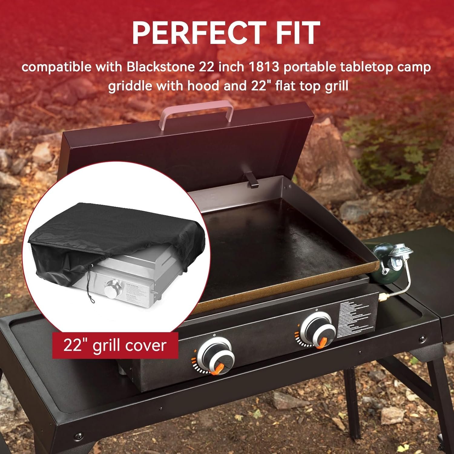 22" Griddle Cover for Blackstone 22 inch Tabletop Griddle with Hood 1813, Waterproof Grill Cover, Portable Camping Outdoor BBQ Flat Top Gas Grill Accessories, Black - Image 2
