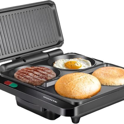 OVENTE Sandwich Maker and Hamburger Grill Machine with Non-Stick Griddle and Griller Plate, 1000W Electric Multipurpose Breakfast Station for Sandwiches, Burgers, Egg Muffin & Pancakes, Black HMG111B