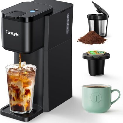 Tastyle Mini Hot and Iced Coffee Maker Single Serve, for K Cup and Ground, 6 to 14 Oz Brew Sizes, with Recipe Book, for Home, Travel, RV, Office and Dorm, Classic Black (2.0 Version)