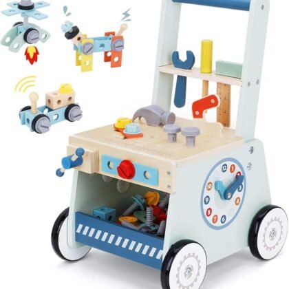 2-in-1 Baby Push Walker - Wooden Push Walker and Tool Toy for Babies - Toddler Learning Activity Walker for Girls Boys 1-3 Years - Educational and Sturdy Construction