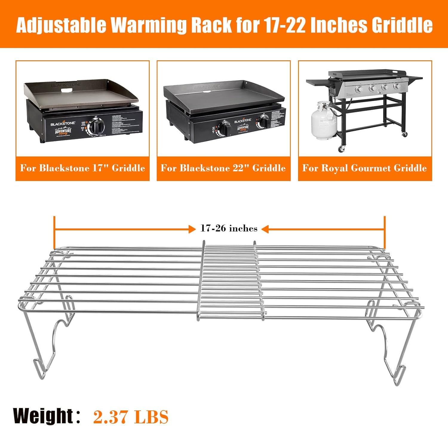 Warming Rack for Blackstone 17 & 22 inch Griddle, Foldable Blackstone Accessories, Adjustable Width 17 to 22 inches, Grill Warming Rack for Pit Boss and Royal Gourmet, Detachable, Stainless Steel - Image 2