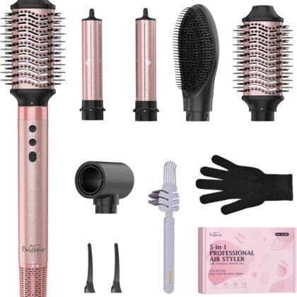 Brightup 5 in 1 Air Styler, 1400W High Speed Hair Dryer Brush, Professional Automatic Hair Curler with Cool Shot Button, 800 Million Ionic, No Heat Damage, with Travel Bag