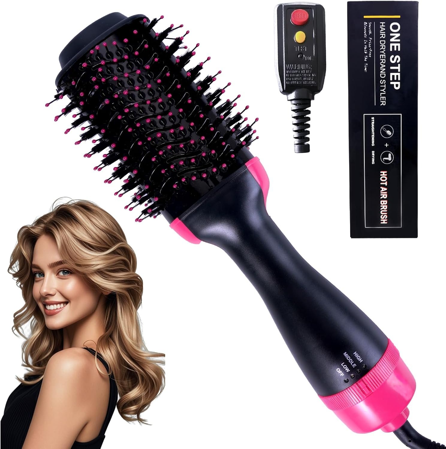 4-in-1 Hair Dryer Brush - Ionic Ceramic Titanium Brush Blow Dryer Hot Air Styler for Frizz-Free Blowouts, Salon Volumizer & Straightener with ALCI Safety Plug, 3 Heat Settings Hot Air Styler