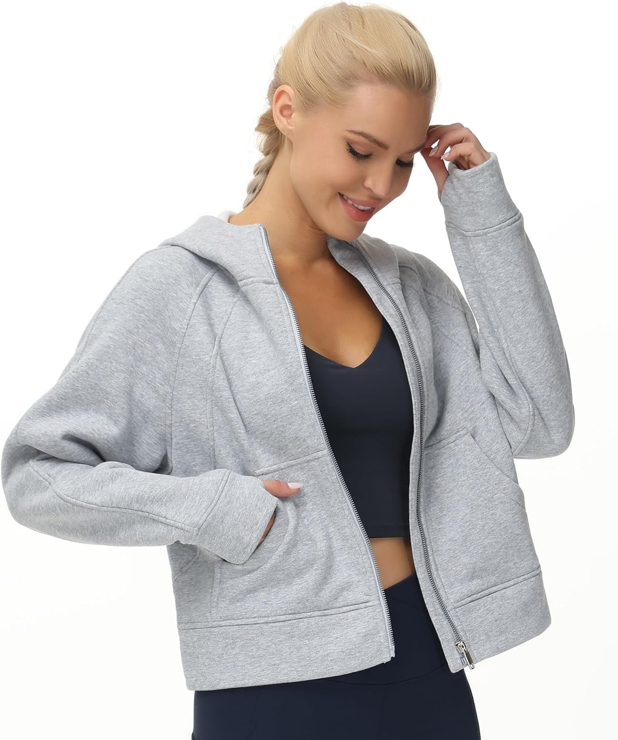 Women's Full-Zip Up Hoodies Jacket Fleece Workout Crop Tops Sweatshirts with Pockets Thumb Hole - Image 8