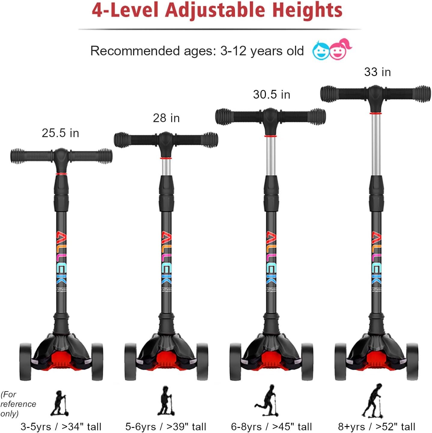 Allek Kick Scooter B02, Lean 'N Glide Scooter with Extra Wide PU Light-Up Wheels and 4 Adjustable Heights for Children from 3-12yrs (Black) - Image 5
