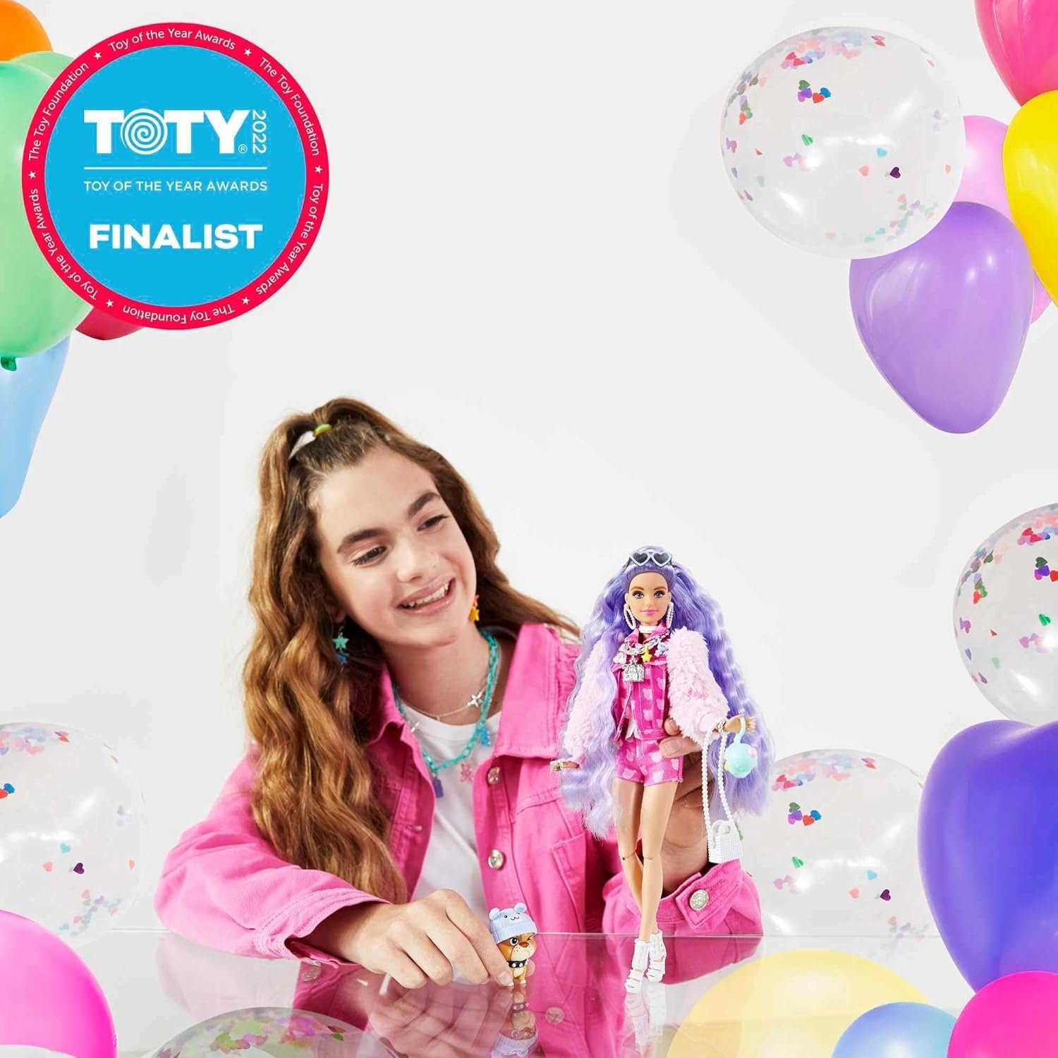 Barbie Extra Doll & Accessories with Long Periwinkle Hair, Teddy Bear-Print Denim Jacket, Matching Shorts & Pet Puppy - Image 2