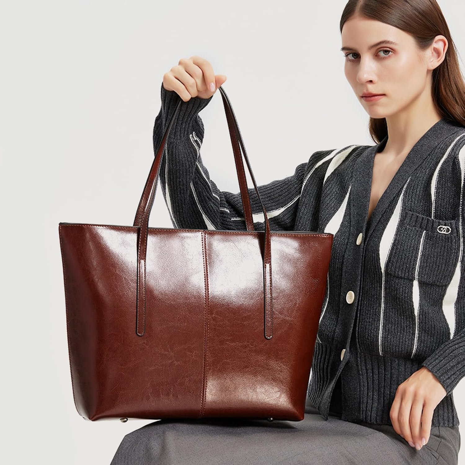 MFFOR Genuine Leather Tote Bags, Shoulder Bag for Women, Top Handle Handbag Large Capacity, Work Tote Purse - Image 3