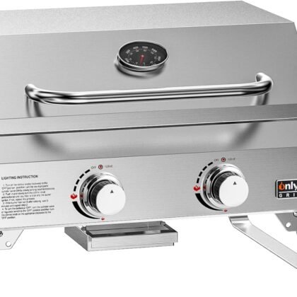 Tabletop Gas Grill 2 Burners, 20" Portable Propane Grill with Foldable Legs for Outdoor Patio Backyard Camping Tailgating RV Trip Beach, Stainless Steel Gas Stove 16000BTU, GS322