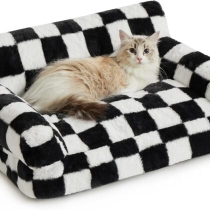 BFPETHOME Cat Couch & Dog Couch Bed, Pet Sofa for Small Pet, Cute Cat Sofa, Checkered Dog Bed with Washable Cover (Black&White)