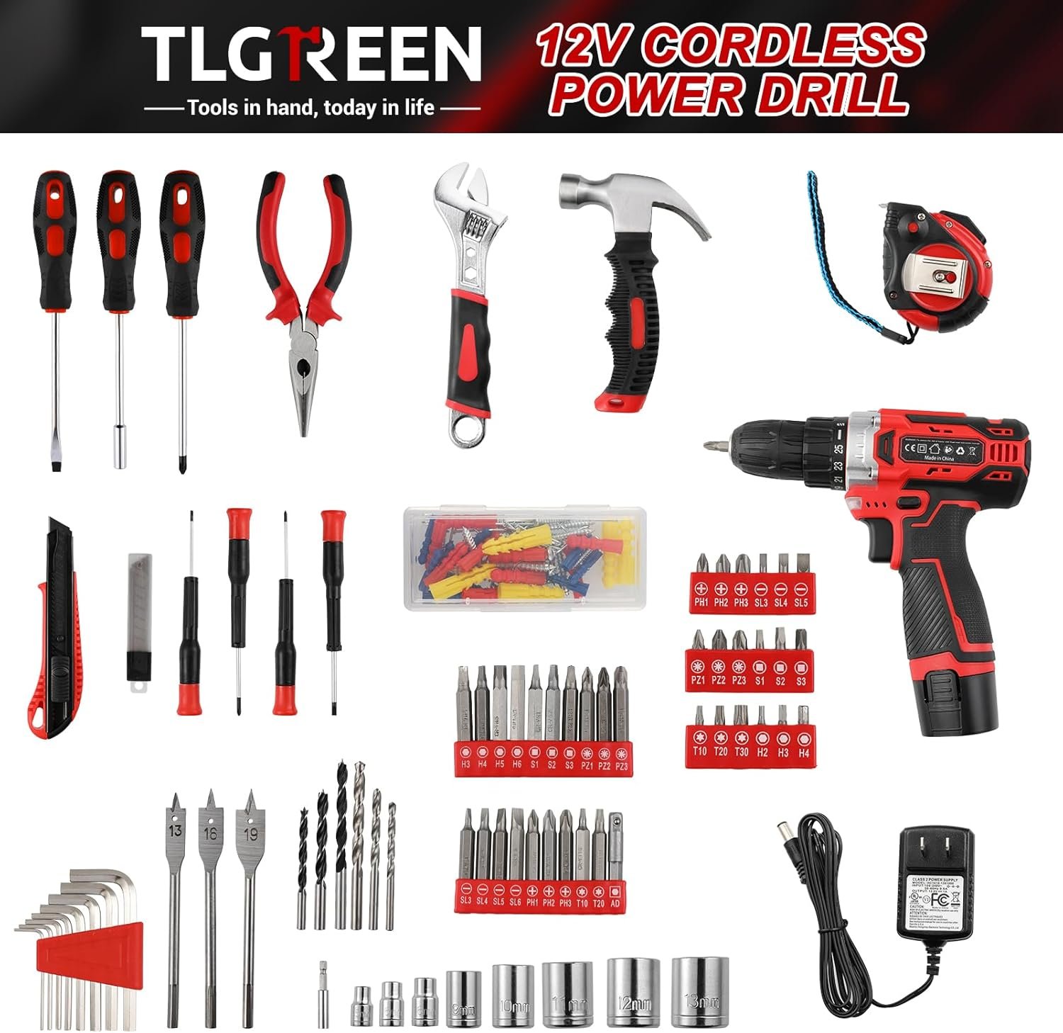 TLGREEN Complete Home Tool Kit with 12V Cordless Drill & Magnetic Bits | 138Pcs All-in-One Set for DIY, Repairs & Assembly | Durable Case & Fast Charging | Ideal for New Homeowners | Red - Image 2