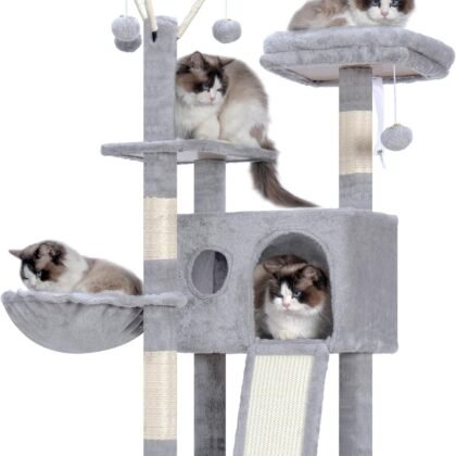 Hey-brother Cat Tree Tower, Scratching Posts with Removable Toys, Cozy Condo, Platform, Hammock, Sisal Scratch Board and Ball for Indoor Kittens, 41.3 Inches, Light Gray MPJ008SW