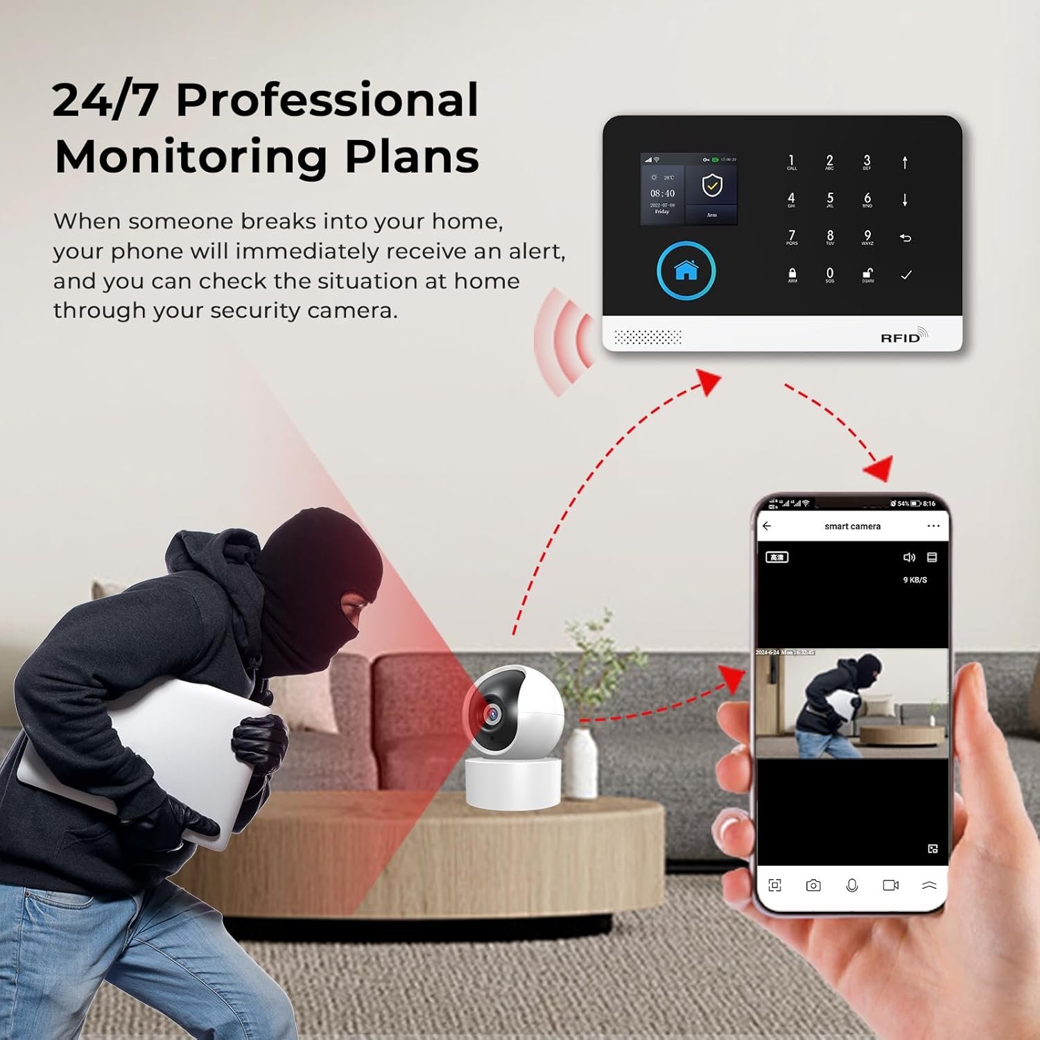 Home Security System with WiFi 2MP HD Secutity Camera,13 Piece Alarm Kits Home Security Camera System,Compatible with Alexa,Google Assistant, No Contract Required,24/7 Protection - Image 5