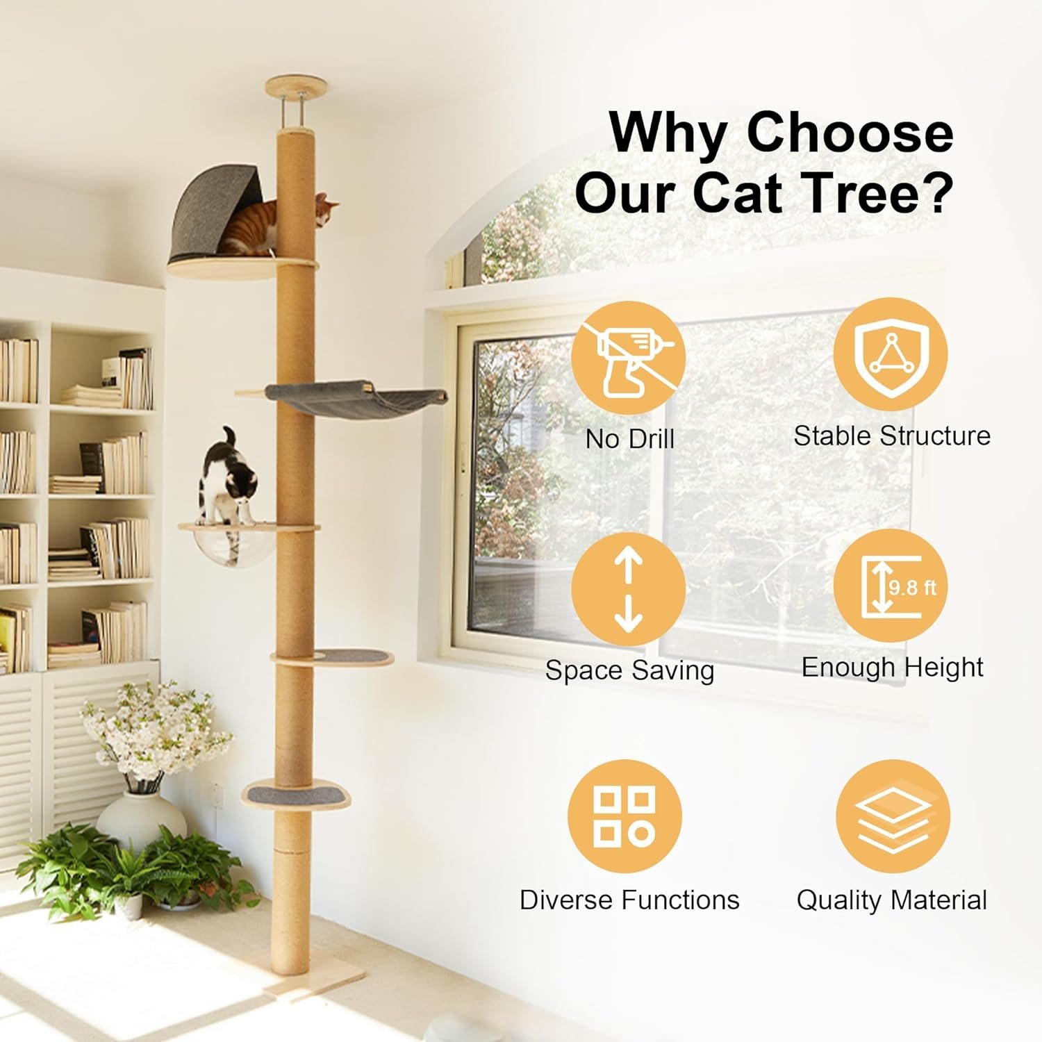 FUKUMARU Floor to Ceiling Cat Tree, 6 Level Adjustable Height (5.7-9.8 ft) Climbing Tower with Thickened Scratching Posts, Cats Activity Center with Transparent Capsule and Cozy Hammock - Image 7