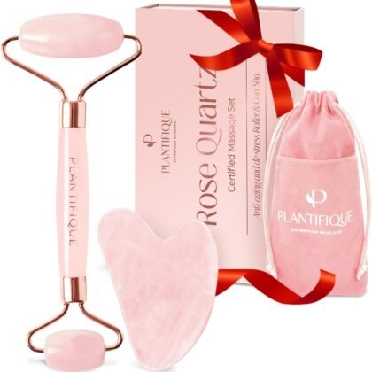 PLANTIFIQUE Face Roller and Gua Sha Rose Quartz Certified | Gifts | Guasha Tool for Face | Jawline Shaper | Your Skin Care Routine