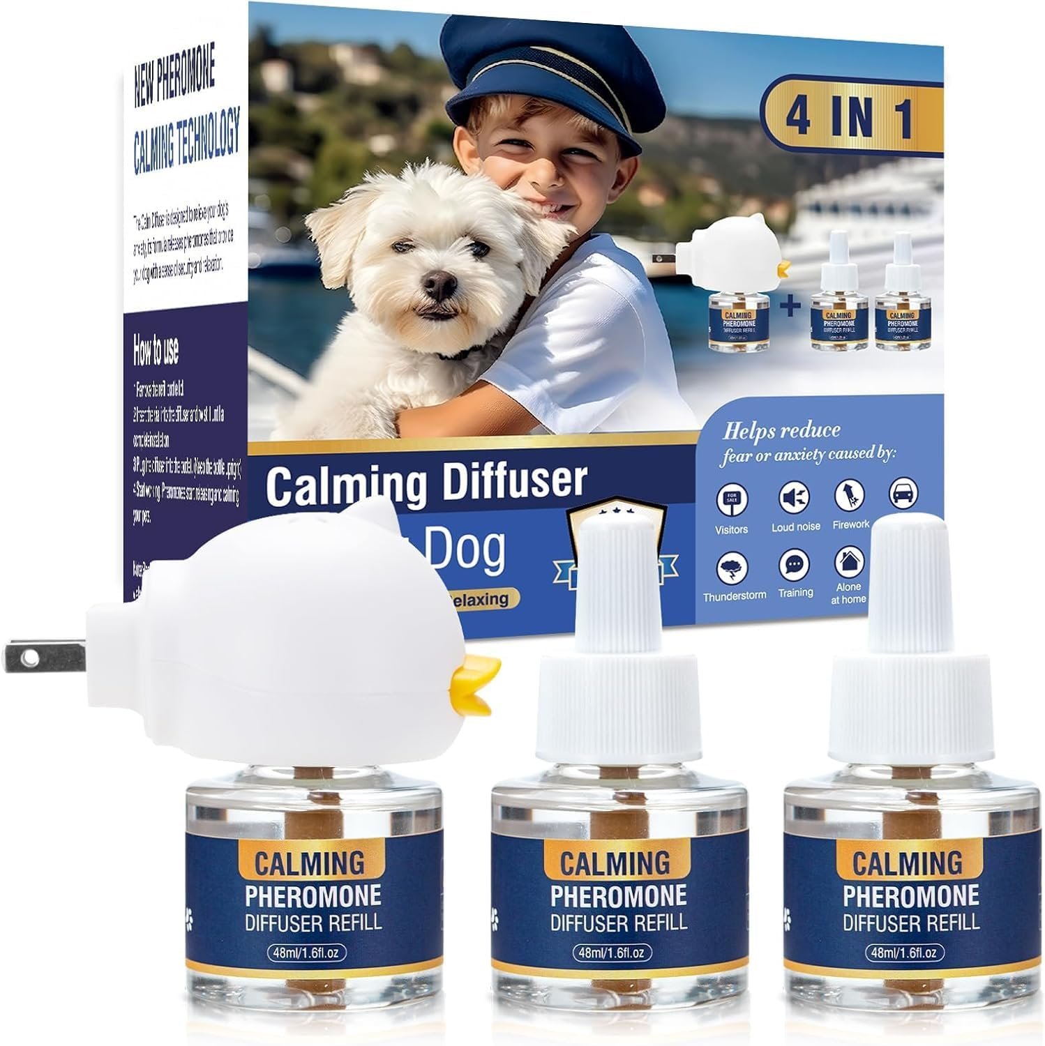 Dog Pheromone Calming Diffuser 4 In 1 Appeasing Pet Pheromones Diffuser to Calm Kit (Plug in+ 3 Pack 48ml Refill) for Anxiety Relief Reduce Barking Aggression Fighting Stress 90 Day Supply(Tasteless)