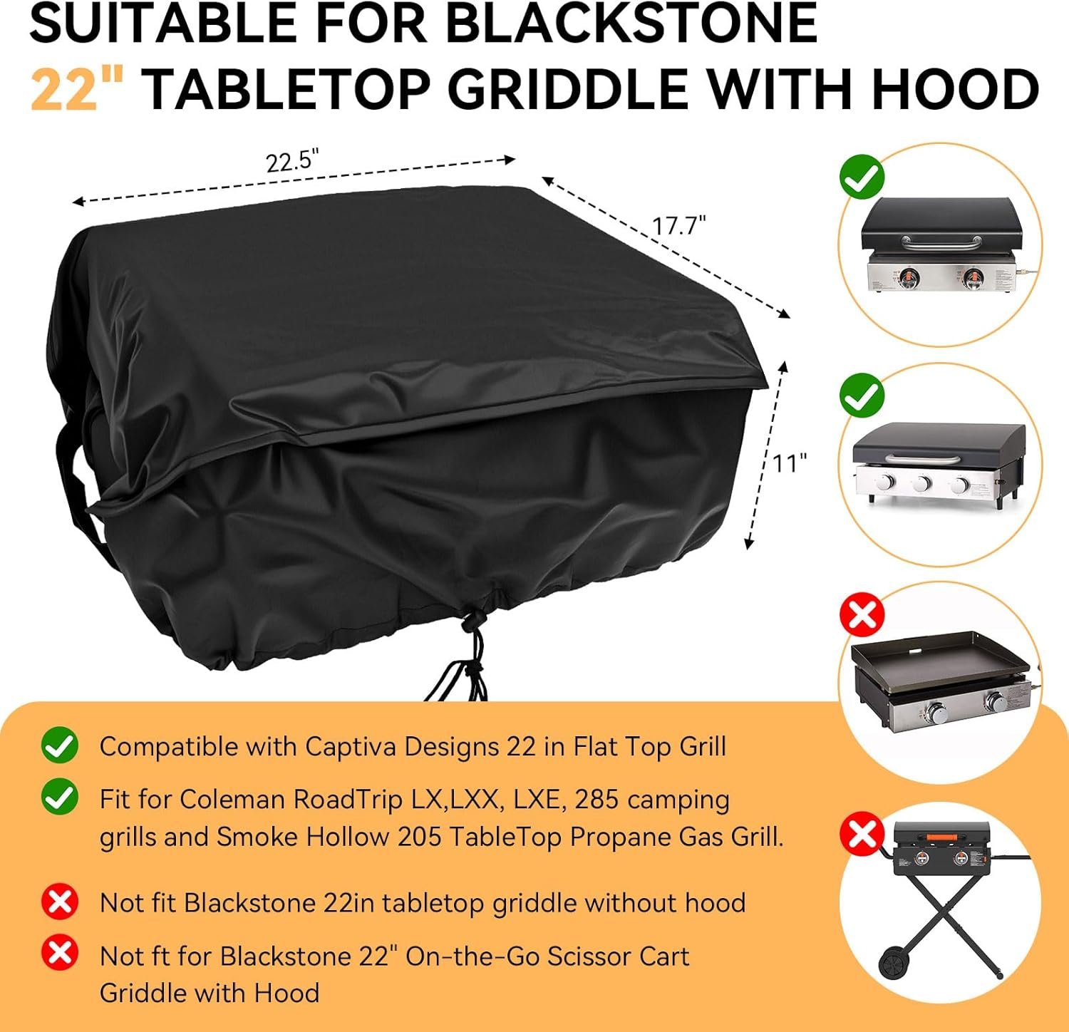 Griddle Cover for Blackstone 22in Tabletop Griddle with Hood & Captiva Designs 22 in Flat Top Grill - BBQ Gas Grill Cover Tabletop Griddle Cover for Outdoor Grill, Waterproof, Anti-UV, Black - Image 2