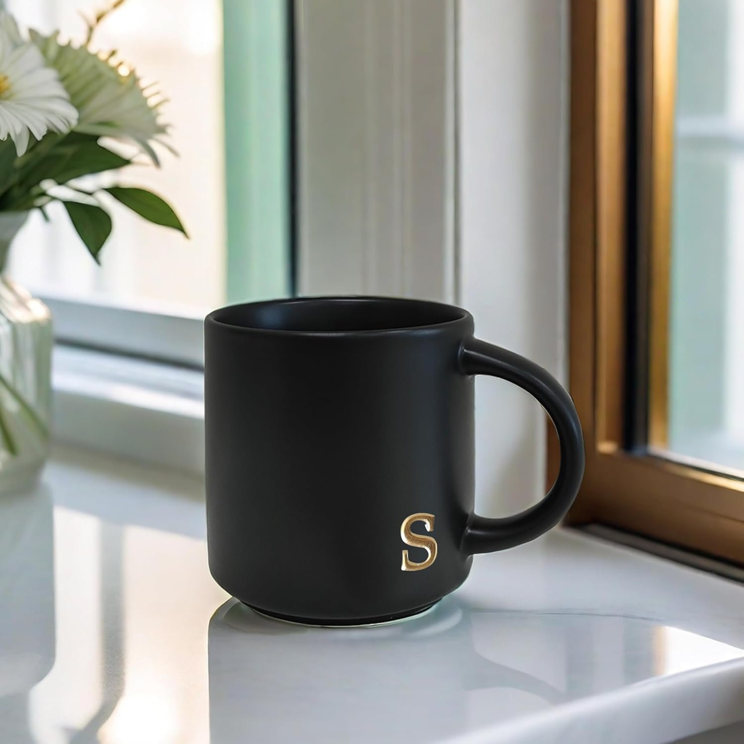 COLLECTIVE HOME - Black Monogram Ceramic Mugs, 15 oz Golden Initial Coffee Cups, Elegant Alphabet Tea Mugs, Personalized Halloween Mug with Gift Box, Perfect for Office and Home Décor (s) - Image 5