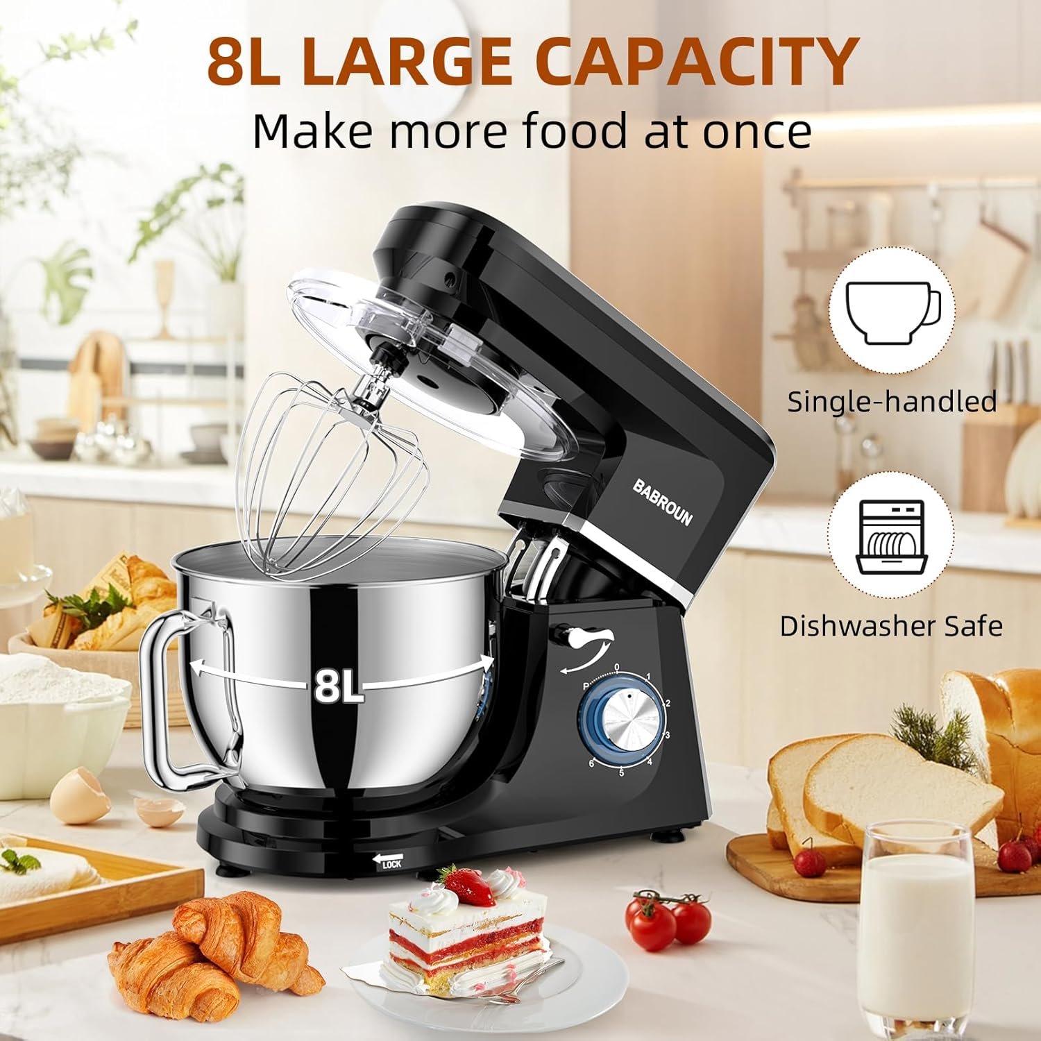 Dough Mixer 8.45 QT Electric Mixer - 660W 6 Speed Large Capacity Kitchen Stand Mixer with Whisk Dough Hook Mixing Beater Household Food Mixer for Baking Cakes Cookie Bread Salad - Image 8