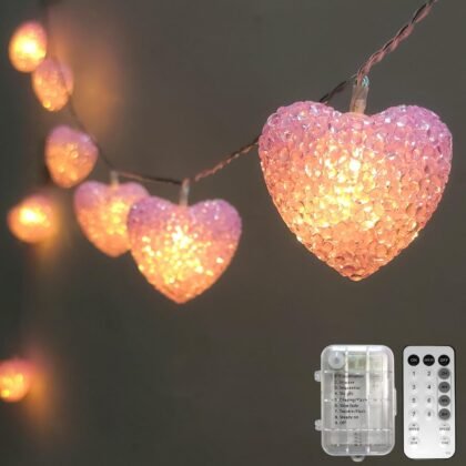 Valentines Heart String Lights Battery Operated 6.8Ft 10 LED Shatterproof Pink Heart Lights with Remote Timer, Indoor Outdoor Heart Valentine Lights for Wedding Bedroom Party Valentines Decor