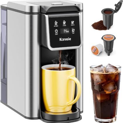 Karosie K Cup Coffee Maker with Strong Brew Setting, 50oz Removable Tank, 6-14 oz Brew Sizes Hot & Iced Coffee Machine for K-Cup and Grounds, Descaling Reminder, Stainless Steel,Black
