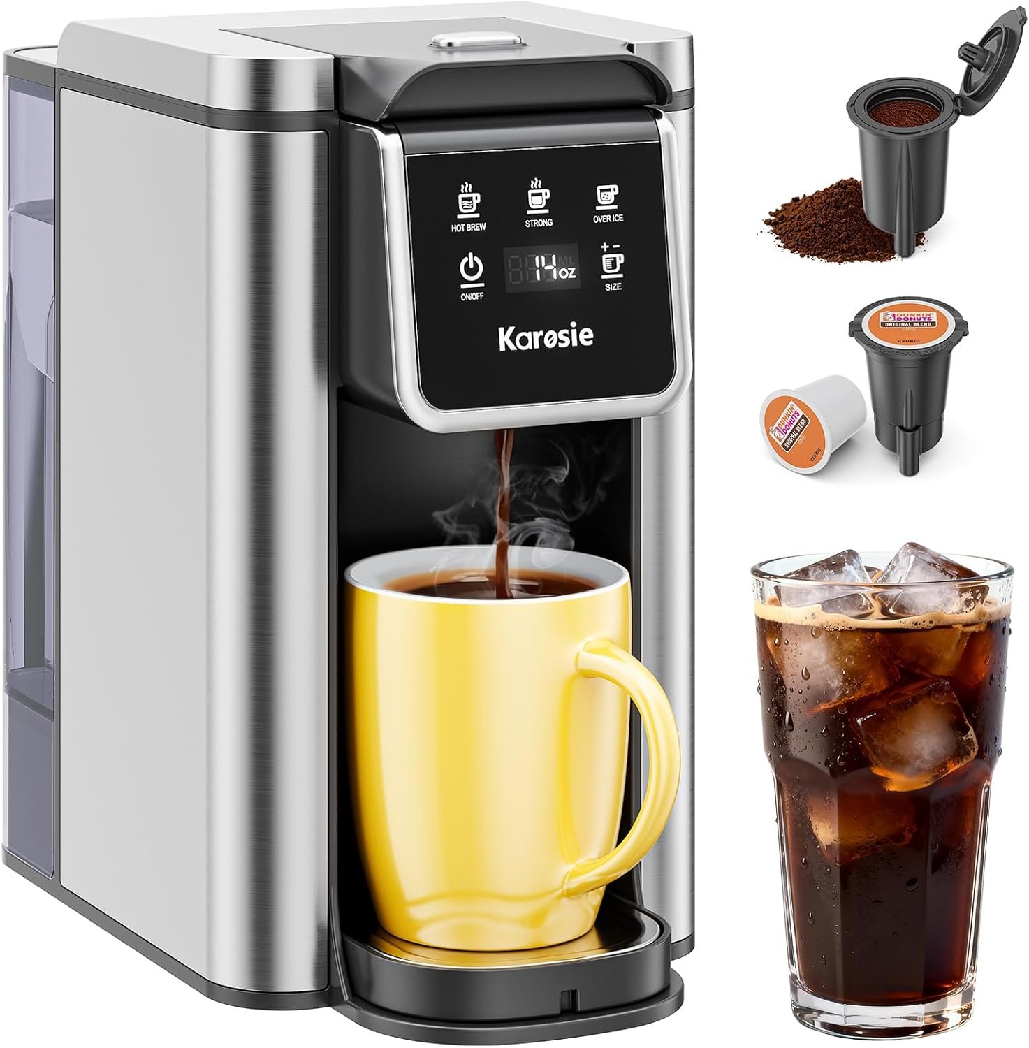 Karosie K Cup Coffee Maker with Strong Brew Setting, 50oz Removable Tank, 6-14 oz Brew Sizes Hot & Iced Coffee Machine for K-Cup and Grounds, Descaling Reminder, Stainless Steel,Black
