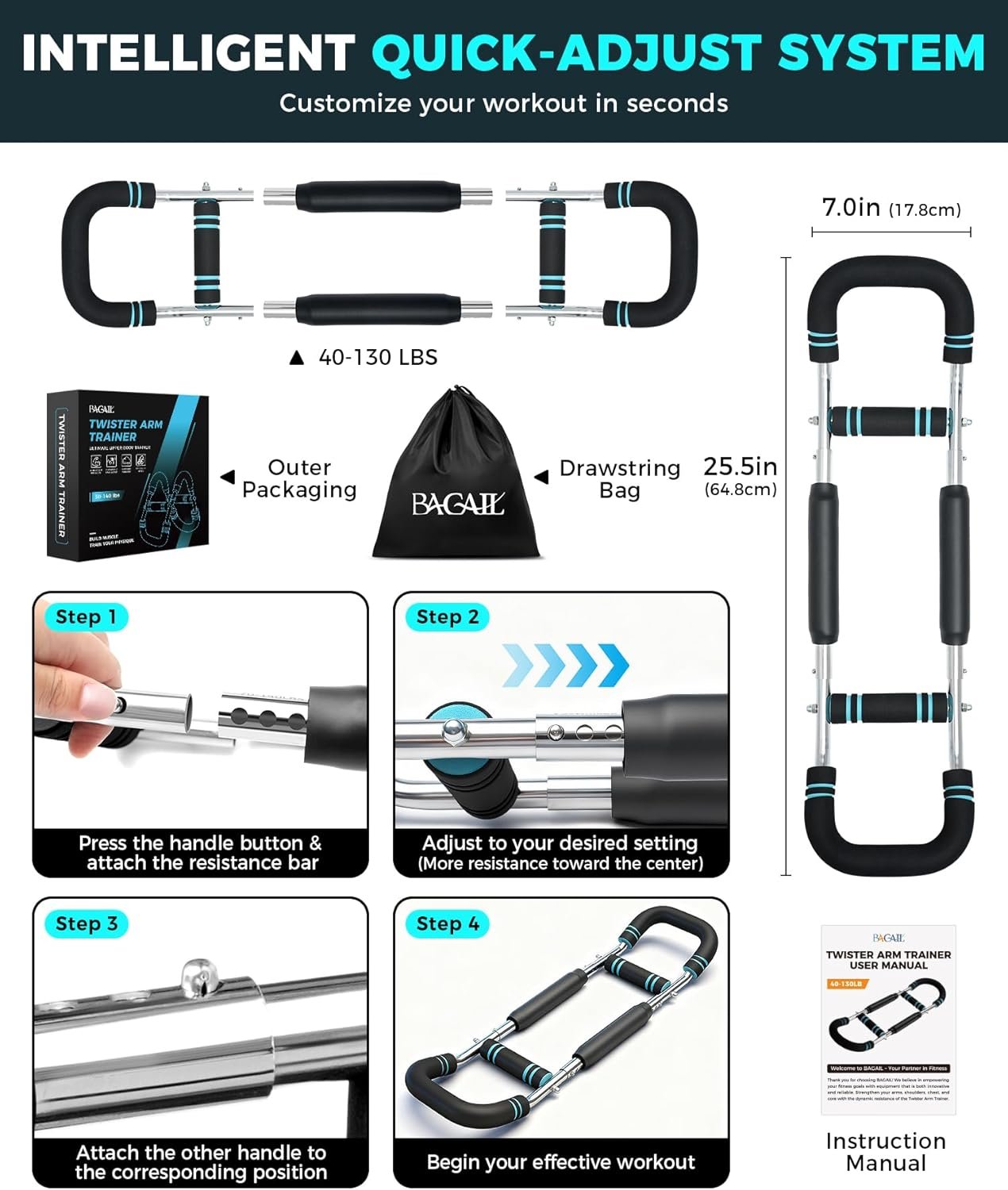 BAGAIL Twister Arm Trainer, 5 or 9 Level Resistance (30-140 lbs) for Chest & Arm Workout, All-in-One Home Gym Strength Training Equipment with Ergonomic Grips & Carry Bag for Men and Women - Image 6