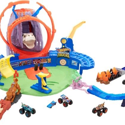 Hot Wheels Monster Trucks T-Rex Volcano Playset with 1:64 Scale Race Ace Toy Truck & 1 Toy Car, Track Set with Dinosaur Nemesis